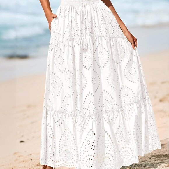Women Boho Casual Skirts Summer 2025 Lace Embroidery Eyelet Elastic Waist Flowy - Picture 2 of 8